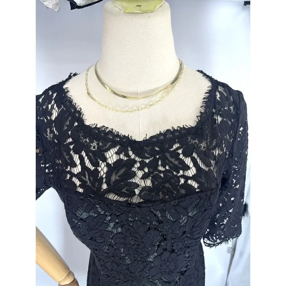Eliza J Womens Size 4 Black Lace‎ Dress Sheer 3/4 Sleeve A-Line Fit Flare Lined